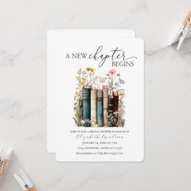 Convite A New Chapter Begins Bridal Shower Invitation (Frente/Verso In Situ)