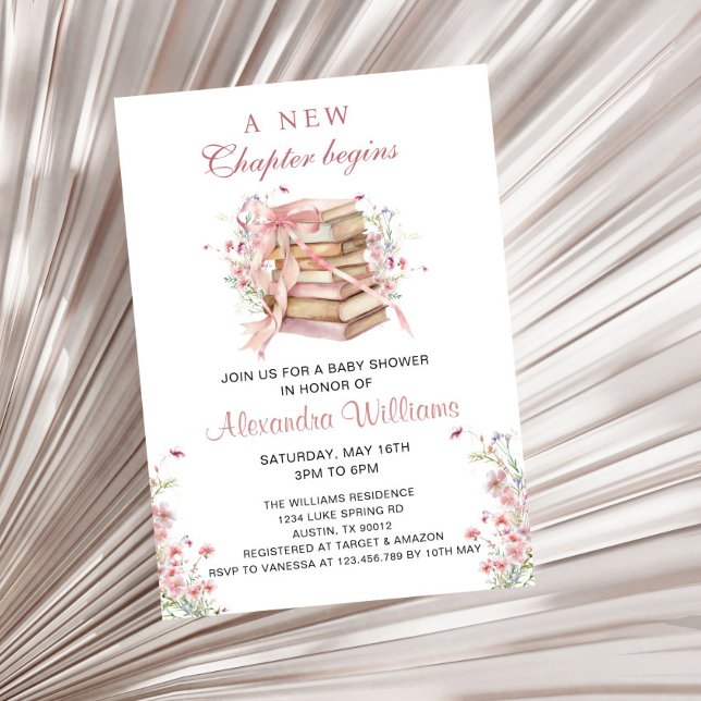 Convite A New Chapter Begins Coquette Books Baby Shower (A New Chapter Begin Pink Coquette Bow Baby Shower Invitation)