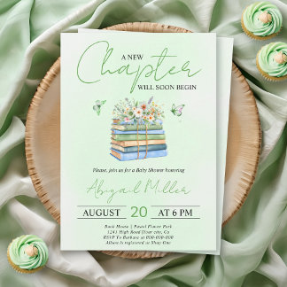 Convite A New Chapter Begins floral book green baby shower
