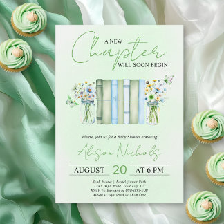 Convite A New Chapter Begins neutral green baby shower