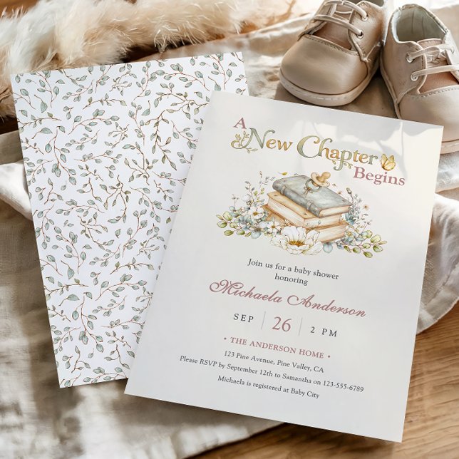 Convite A New Chapter Begins Rustic Book Theme Baby Shower (Criador carregado)