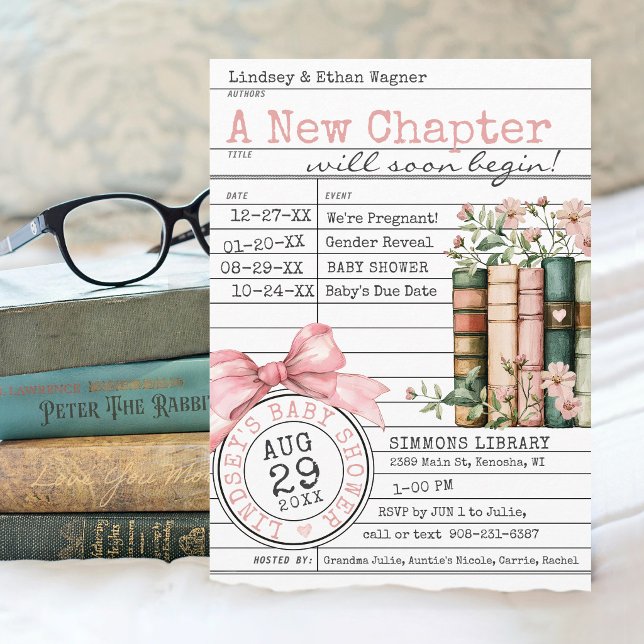 Convite A New Chapter Library Card Books Pink Baby Shower (A New Chapter floral books wildflower pink bows library card cute modern baby girl shower invitation)