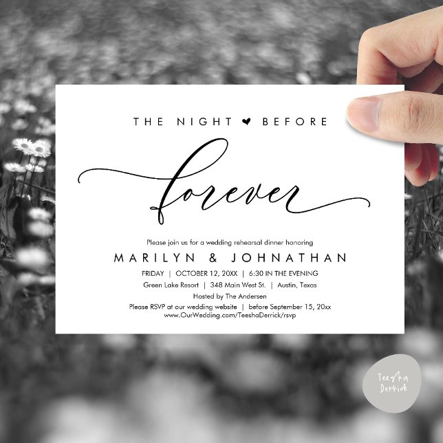 Convite A Noite Anterior Ao Janto De Ensaio Romântico (The Night Before Forever, Romantic Wedding Rehearsal Dinner Invitation Card, PDF, In Black and White)