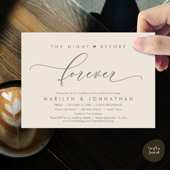 Convite A Noite Anterior Ao Janto De Ensaio Romântico (Romantic The Night Before Forever, Wedding Rehearsal Dinner Invitation Card, PDF, Dark Grey Cream)