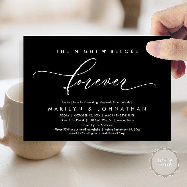 Convite A Noite Anterior Ao Janto De Ensaio Romântico (Modern Romantic The Night Before Forever, Wedding Rehearsal Dinner Invitation Card, PDF, Black)
