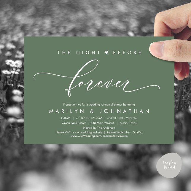 Convite A Noite Anterior Ao Janto De Ensaio Romântico (Modern Romantic The Night Before Forever, Wedding Rehearsal Dinner Invitation Card, PDF, Sage Green)