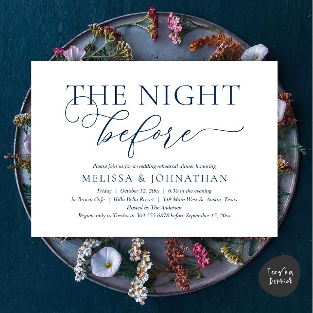 Convite A Noite Anterior, Azul Marinho, Jantar de Rehearsa (The Night Before, Romantic Wedding Rehearsal Dinner Invitation Card, PDF, Navy Blue)