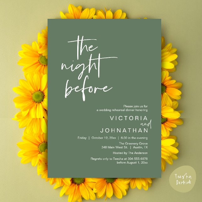 Convite A Noite Anterior, Jantar da Festa de Rehearsal do  (The Night Before, Wedding Rehearsal Dinner Party Invites Card PDF Romantic Modern Casual Sage Green)
