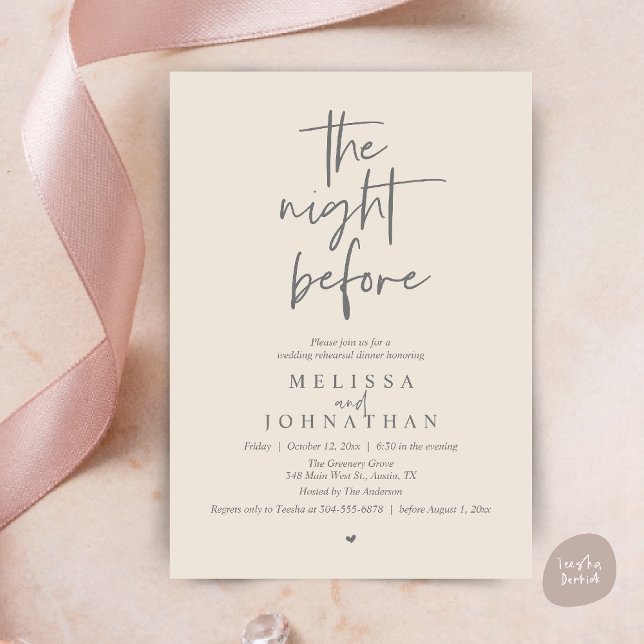 Convite A noite anterior, Jantar de Ensaio de Casamento Mo (The night before, Modern minimalist Wedding Rehearsal Dinner Invitation card in cream grey)