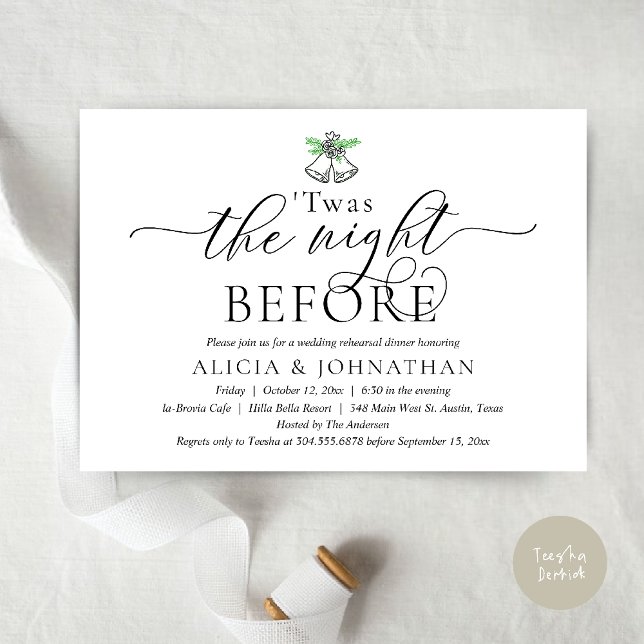Convite A Noite Anterior, Jantar de Ensaio de Casamento Mo (The Night Before, Twas Wedding Rehearsal Dinner Party Invites mistletoe wedding bell Black White)