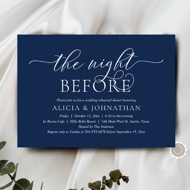 Convite A Noite Anterior, Jantar de Ensaio de Casamento Mo (The Night Before, Wedding Rehearsal Dinner  Invitation Card, in Modern Classy Navy Blue theme)
