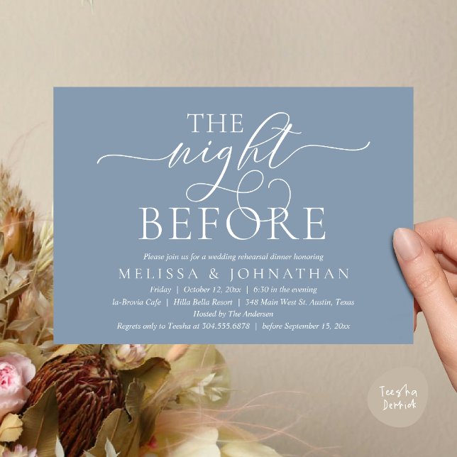 Convite A Noite Anterior, Jantar de Ensaio de Casamento Mo (The Night Before, Modern Wedding Rehearsal Dinner Party Invitation Card, PDF, Dusty Blue)