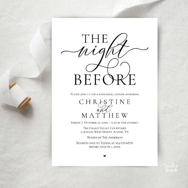 Convite A Noite Anterior, Jantar de Ensaios de Casamento E (The Night Before, Classy Wedding Rehearsal Dinner Invitation Card in Black and White)