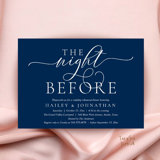 Convite A Noite Anterior, Jantar de Ensaios de Casamento E (The Night Before, Classy Wedding Rehearsal Dinner Invitation Card in Navy Blue)