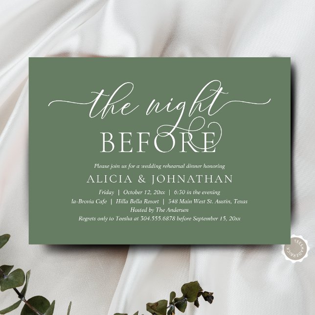 Convite A Noite Anterior, Jantar de Rehearsal de Casamento (The Night Before, Wedding Rehearsal Dinner Invitation Card, in Modern Rustic Sage Green Greenery)