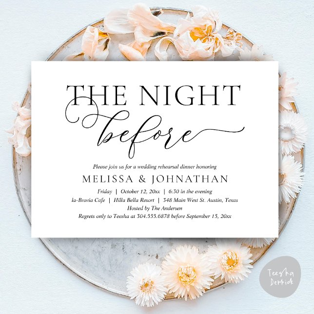 Convite A Noite Anterior, Jantar de Rehearsal de Casamento (The Night Before, Romantic Wedding Rehearsal Dinner Invitation Card, PDF, Black white)