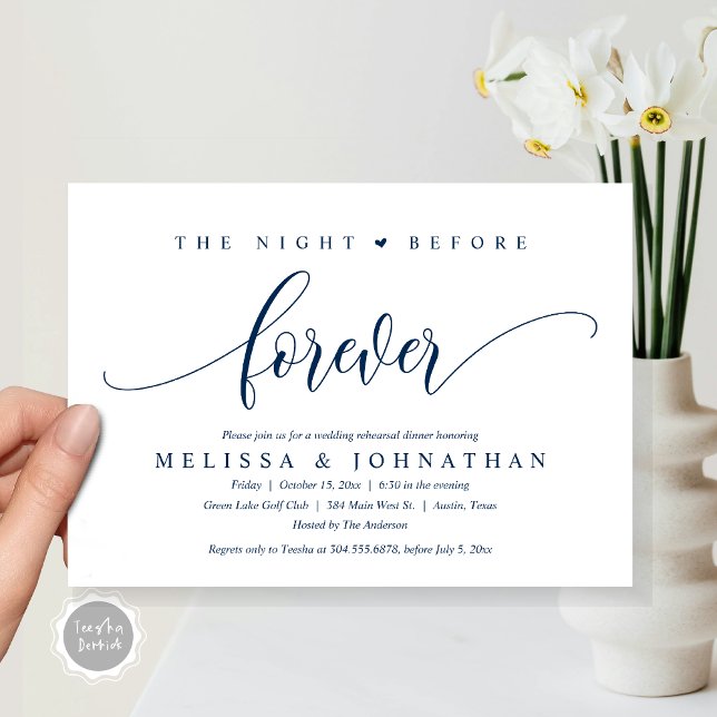 Convite A Noite Anterior Para Sempre, Janto De Ensaio De C (The Night Before Forever, Modern Wedding Rehearsal Dinner Invitation Card, PDF, in Navy Blue)