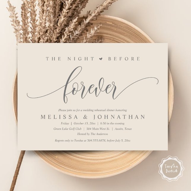 Convite A Noite Anterior Para Sempre, Janto De Ensaio De C (The Night Before Forever, Modern Wedding Rehearsal Dinner Invitation Card, PDF, in Grey Cream)