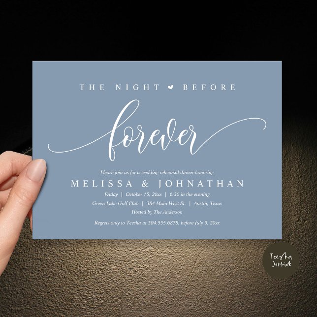 Convite A Noite Anterior Para Sempre, Janto De Ensaio De C (The Night Before Forever, Modern Wedding Rehearsal Dinner Invitation Card, PDF, in Dusty Blue)