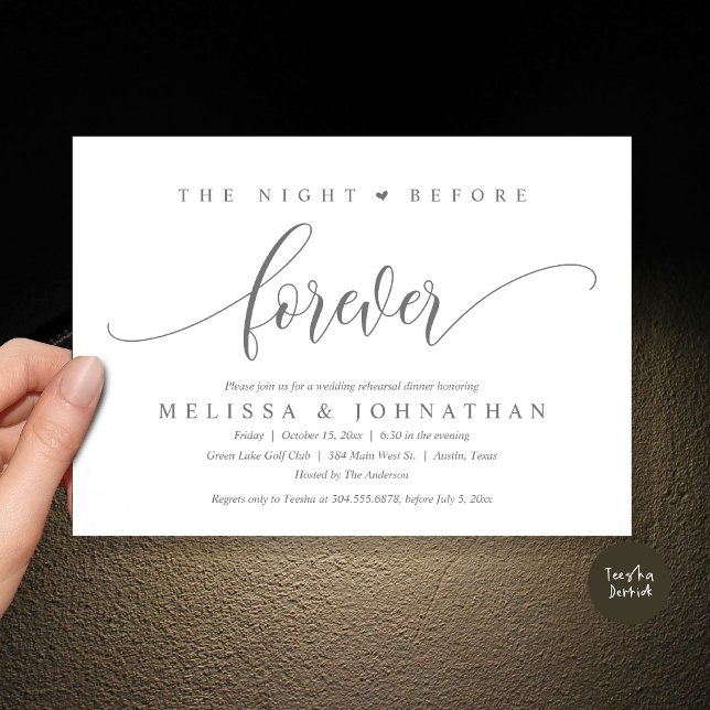 Convite A Noite Anterior Para Sempre, Janto De Ensaio De C (The Night Before Forever, Modern Wedding Rehearsal Dinner Invitation Card, PDF, in Dark Grey)