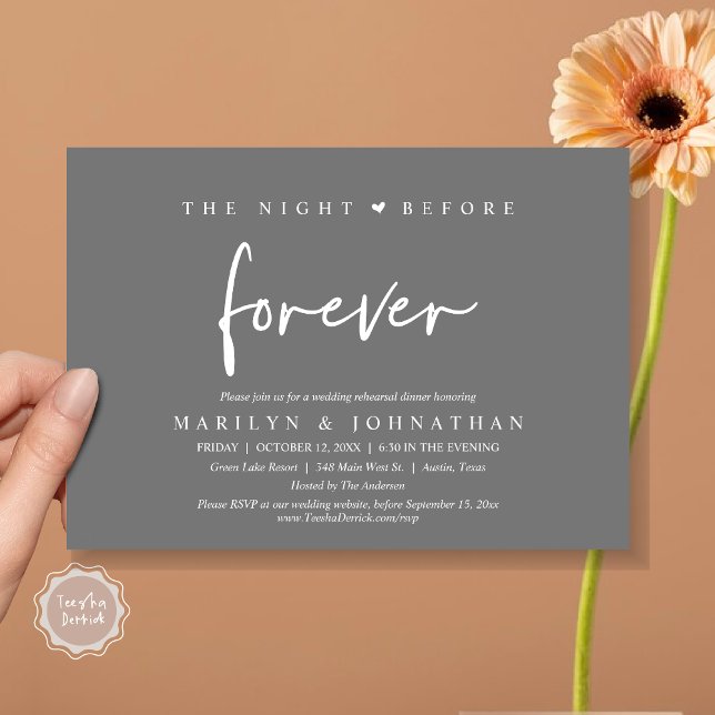 Convite A Noite Anterior Para Sempre, Janto De Ensaio De C (The Night Before Forever, Modern Wedding Rehearsal Dinner Invitation Card, PDF, in Dark Grey)
