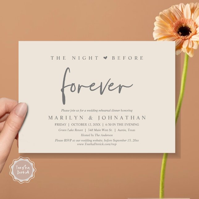Convite A Noite Anterior Para Sempre, Janto De Ensaio De C (The Night Before Forever, Modern Wedding Rehearsal Dinner Invitation Card, PDF, in Cream Dark Grey)