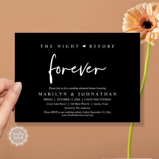Convite A Noite Anterior Para Sempre, Janto De Ensaio De C (The Night Before Forever, Modern Wedding Rehearsal Dinner Invitation Card, PDF, in Classy Black)