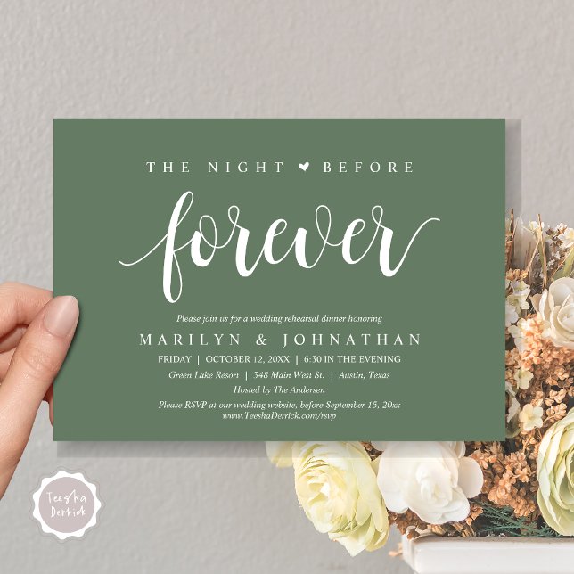 Convite A Noite Anterior Para Sempre, Janto De Ensaio De C (The Night Before Forever, Wedding Rehearsal Dinner Invitation Card, PDF, Rustic, Forest Sage Green)