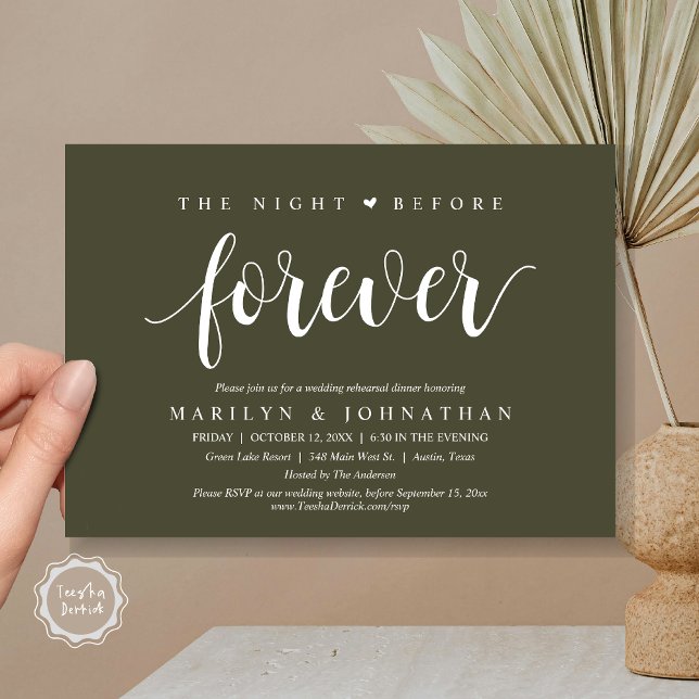 Convite A Noite Anterior Para Sempre, Janto De Ensaio De C (The Night Before Forever, Wedding Rehearsal Dinner Invitation Card, PDF, Retro, Olive Green)