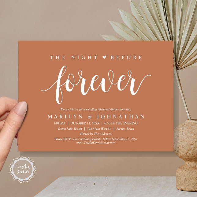 Convite A Noite Anterior Para Sempre, Janto De Ensaio De C (The Night Before Forever, Wedding Rehearsal Dinner Invitation Card, PDF, Rustic, Copper Rust Brown)