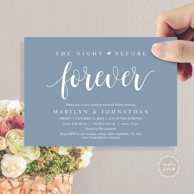 Convite A Noite Anterior Para Sempre, Janto De Ensaio De C (The Night Before Forever, Wedding Rehearsal Dinner Invitation Card, PDF, Retro Rustic, Dusty Blue)