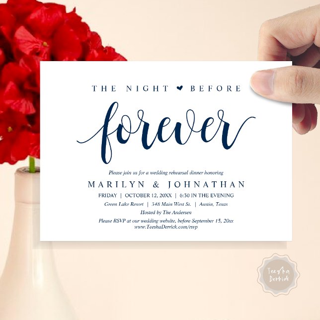 Convite A Noite Anterior Para Sempre, Janto De Ensaio De C (The Night Before Forever, Wedding Rehearsal Dinner Invitation Card, PDF, Classy Rustic, Navy Blue)