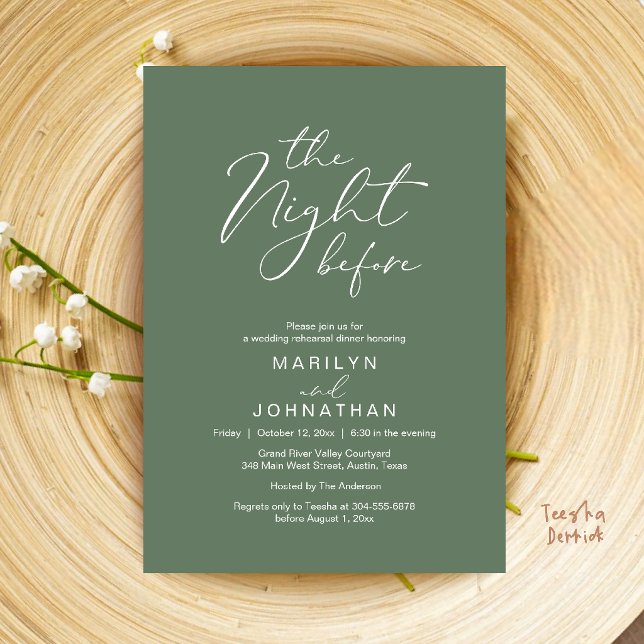Convite A Noite Antes do Casamento Jantar de Ensaio Modern (The Night Before Wedding Modern Rehearsal Dinner Invitation Card in Sage Green)