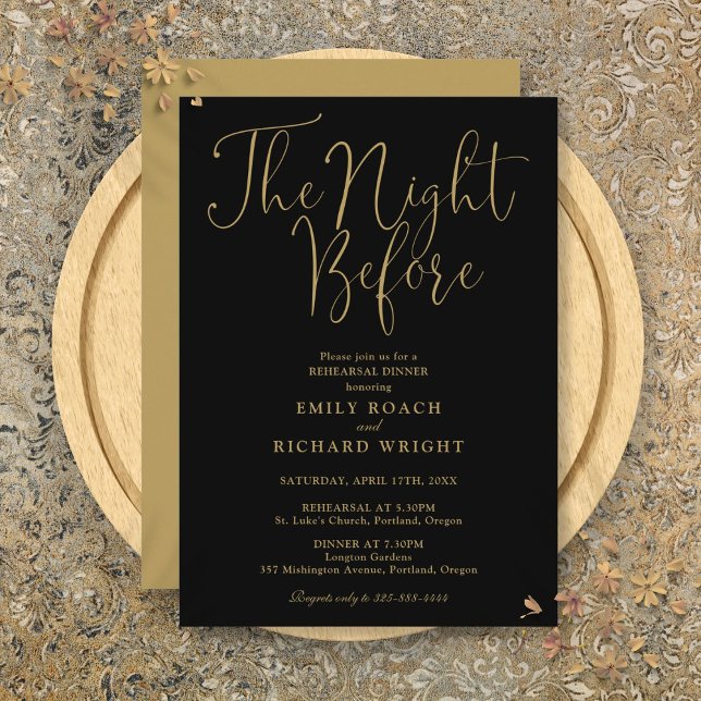 Convite A Noite Antes Do Ensaio Jantar Preto E Dourado (The Night Before Rehearsal Dinner Black And Gold Invitation)
