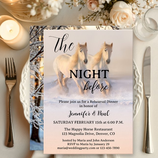 Convite A Noite Antes do Jantar de Ensaios dos Cavalos de  (Elegant winter wonderland Rehearsal Dinner invitation featuring two horses running in the snow)