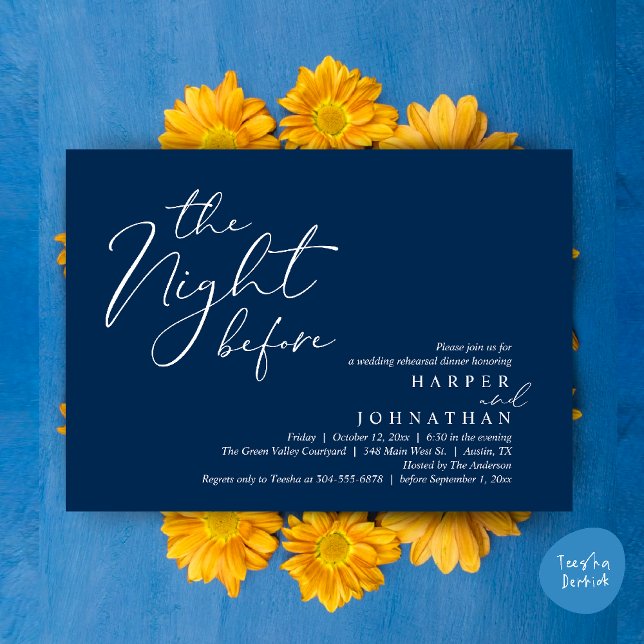 Convite A Noite Antes do Janto Romântico de Ensaio De Casa (The Night Before Romantic Wedding Rehearsal Dinner Modern Invitation Card PDF Navy Blue)