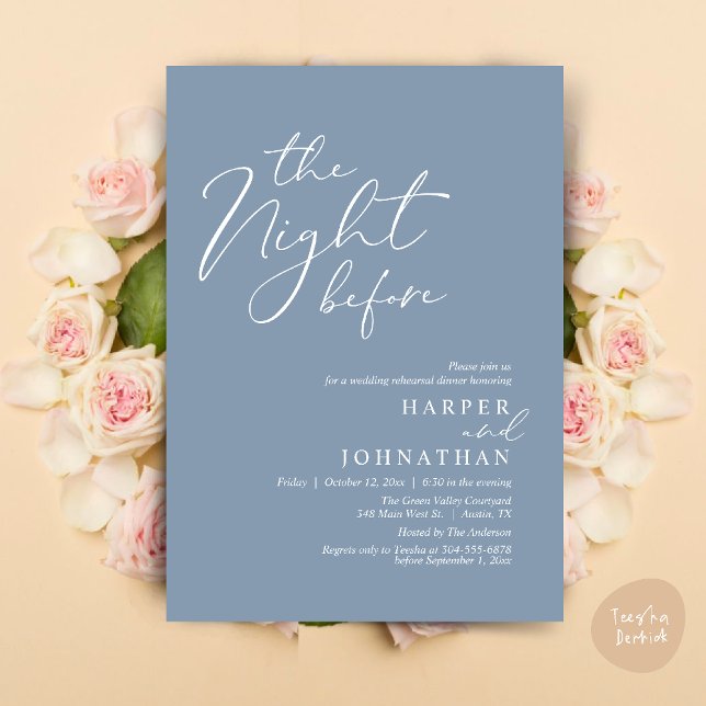 Convite A Noite Antes do Janto Romântico de Ensaio De Casa (The Night Before Romantic Wedding Rehearsal Dinner Modern Invitation Card PDF Dusty Blue)