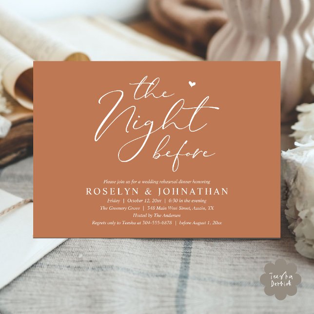 Convite A Noite Antes do Janto Romântico de Ensaio De Casa (The Night Before Romantic Wedding Rehearsal Dinner Little heart Invitation Card PDF Copper Brown)