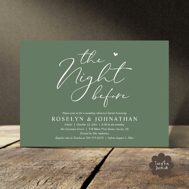 Convite A Noite Antes do Janto Romântico de Ensaio De Casa (The Night Before Romantic Wedding Rehearsal Dinner Little heart Invitation Card PDF Sage Green)