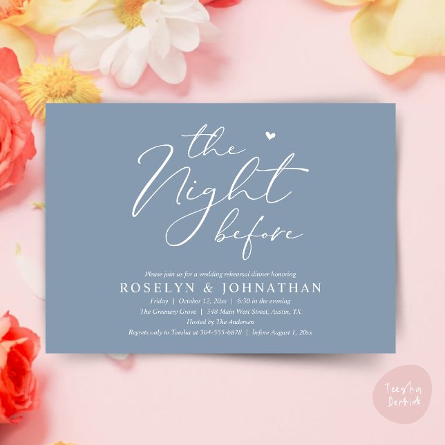 Convite A Noite Antes do Janto Romântico de Ensaio De Casa (The Night Before Romantic Wedding Rehearsal Dinner Little heart Invitation Card PDF Dusty Blue)