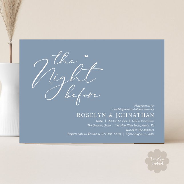 Convite A Noite Antes do Janto Romântico de Ensaio De Casa (The Night Before Romantic Wedding Rehearsal Dinner Little heart Invitation Card PDF Dusty Blue)