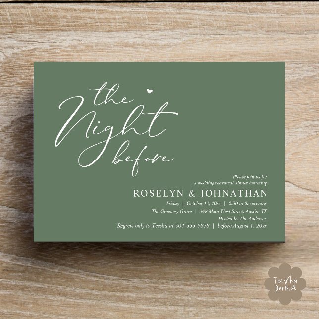 Convite A Noite Antes do Janto Romântico de Ensaio De Casa (The Night Before Romantic Wedding Rehearsal Dinner Little heart Invitation Card PDF Sage Green)