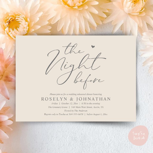 Convite A Noite Antes do Janto Romântico de Ensaio De Casa (The Night Before Romantic Wedding Rehearsal Dinner Little heart Invitation Card PDF Cream Grey)