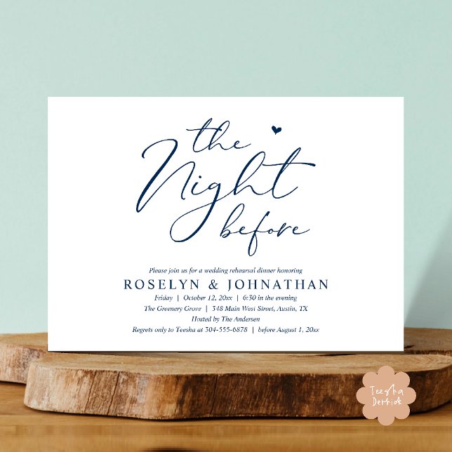 Convite A Noite Antes do Janto Romântico de Ensaio De Casa (The Night Before Romantic Wedding Rehearsal Dinner Little heart Invitation Card PDF Navy Blue)