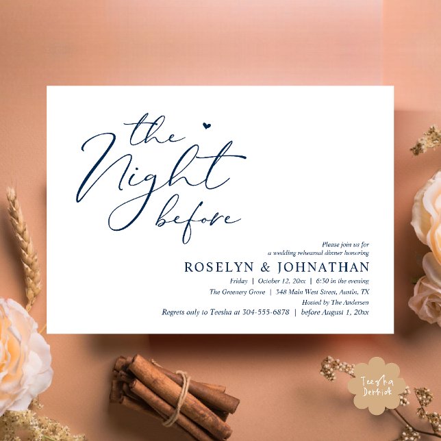 Convite A Noite Antes do Janto Romântico de Ensaio De Casa (The Night Before Romantic Wedding Rehearsal Dinner Little heart Invitation Card PDF Navy Blue)