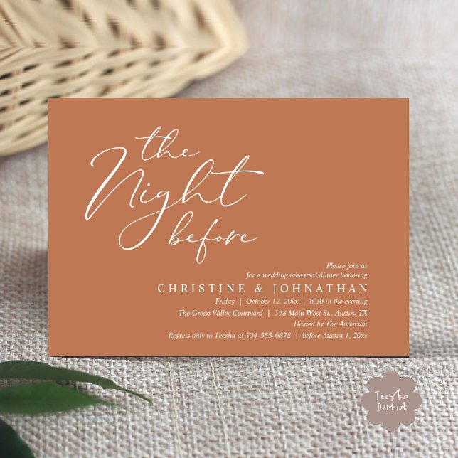 Convite A Noite Antes do Janto Romântico de Ensaio De Casa (The Night Before Romantic Wedding Modern Rehearsal Dinner Invites Card Hosted Parents Copper Brown)