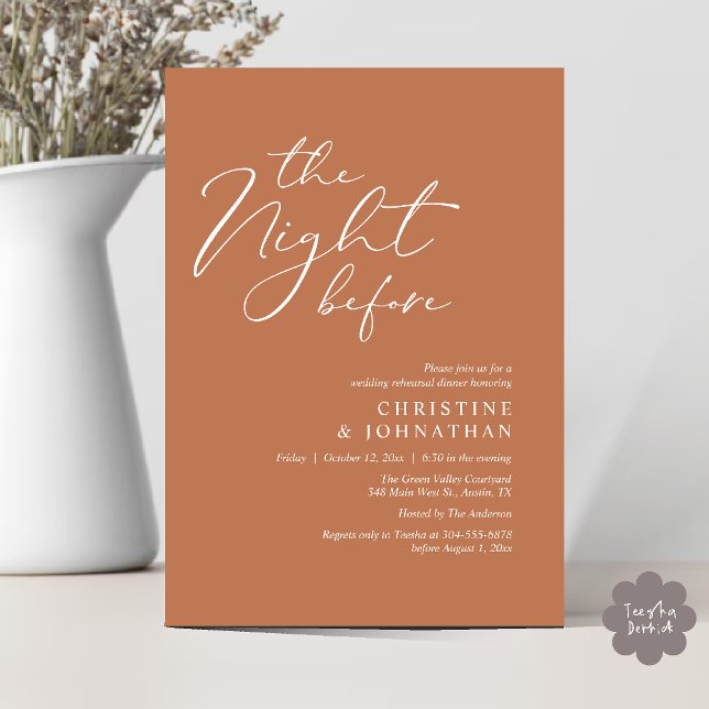 Convite A Noite Antes do Janto Romântico de Ensaio De Casa (The Night Before Romantic Wedding Modern Rehearsal Dinner Invites Card Hosted Parents Copper Brown)