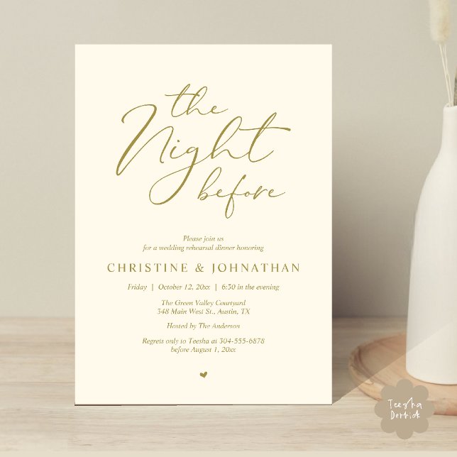Convite A Noite Antes do Janto Romântico de Ensaio De Casa (The Night Before Romantic Wedding Modern Rehearsal Dinner Invites Card Hosted Parents Yellow Gold)