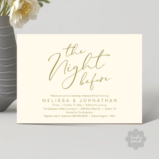 Convite A Noite Antes do Janto Romântico de Ensaio De Casa (The Night Before Romantic Modern Wedding Rehearsal Dinner Aesthetic Invites PDF Classy Yellow Gold)