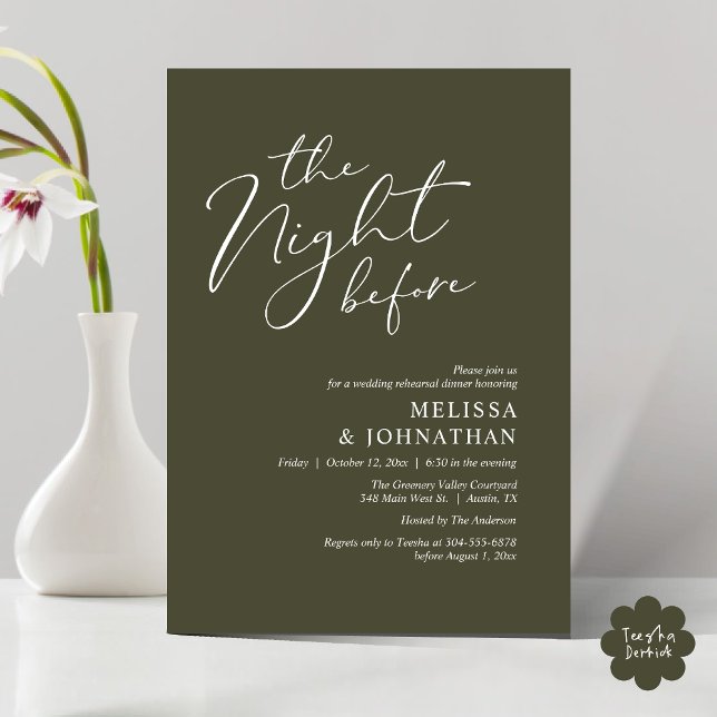 Convite A Noite Antes do Janto Romântico de Ensaio De Casa (The Night Before Romantic Modern Wedding Rehearsal Dinner Aesthetic Invites PDF Classy Olive Green)